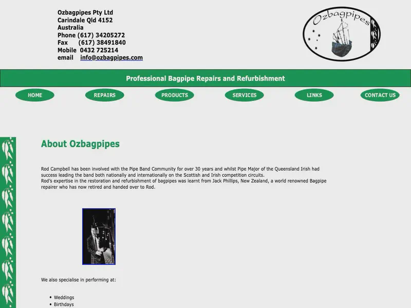 Website preview for www.ozbagpipes.com